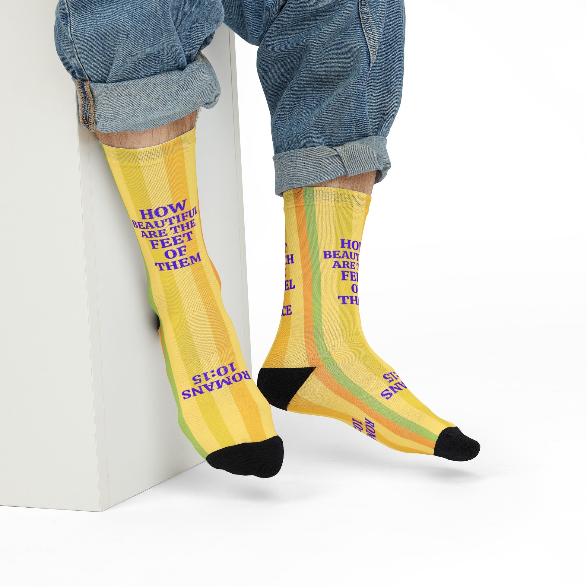 Man wearing Bible Socks gospel of peace