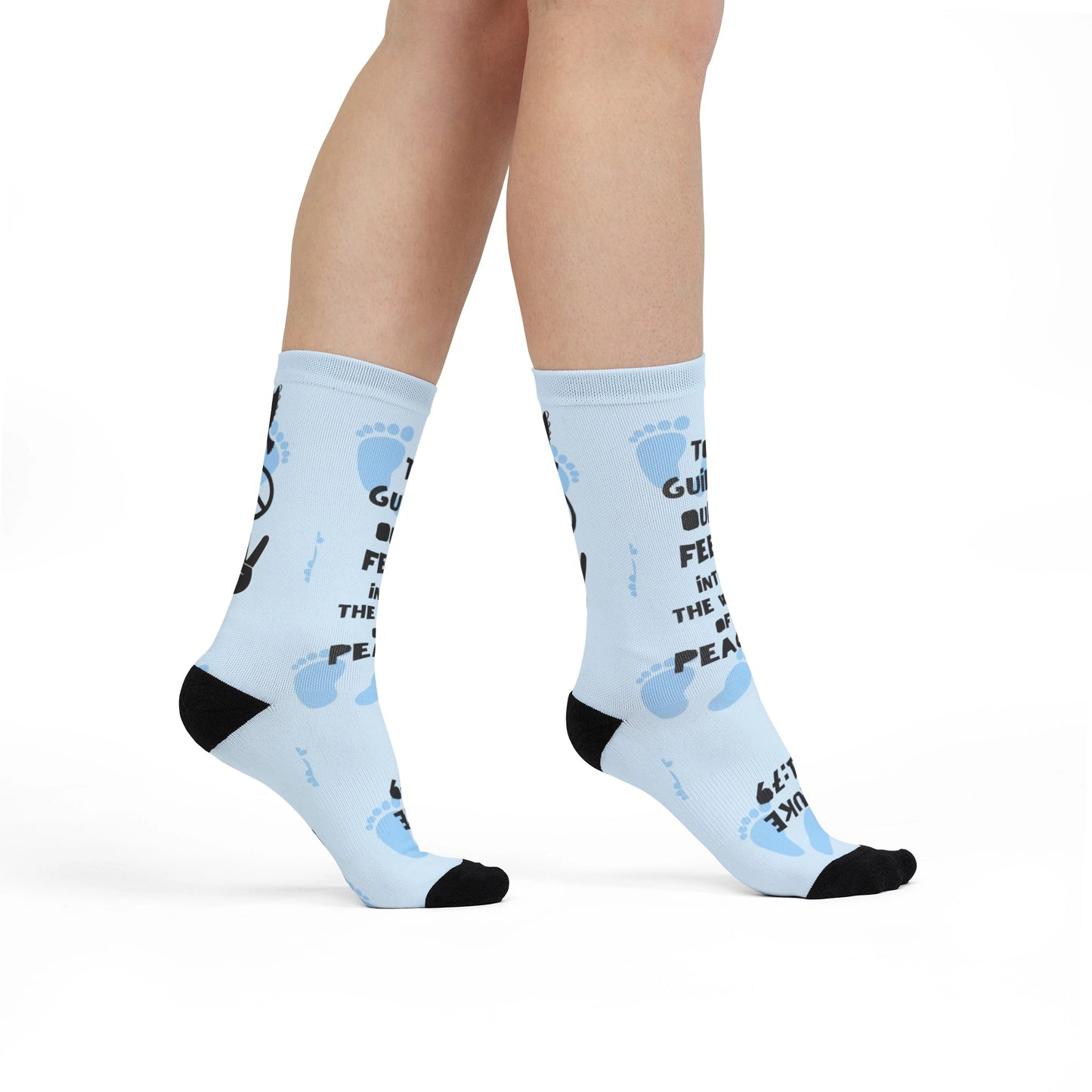 Woman wearing Guide Our Feet bible socks