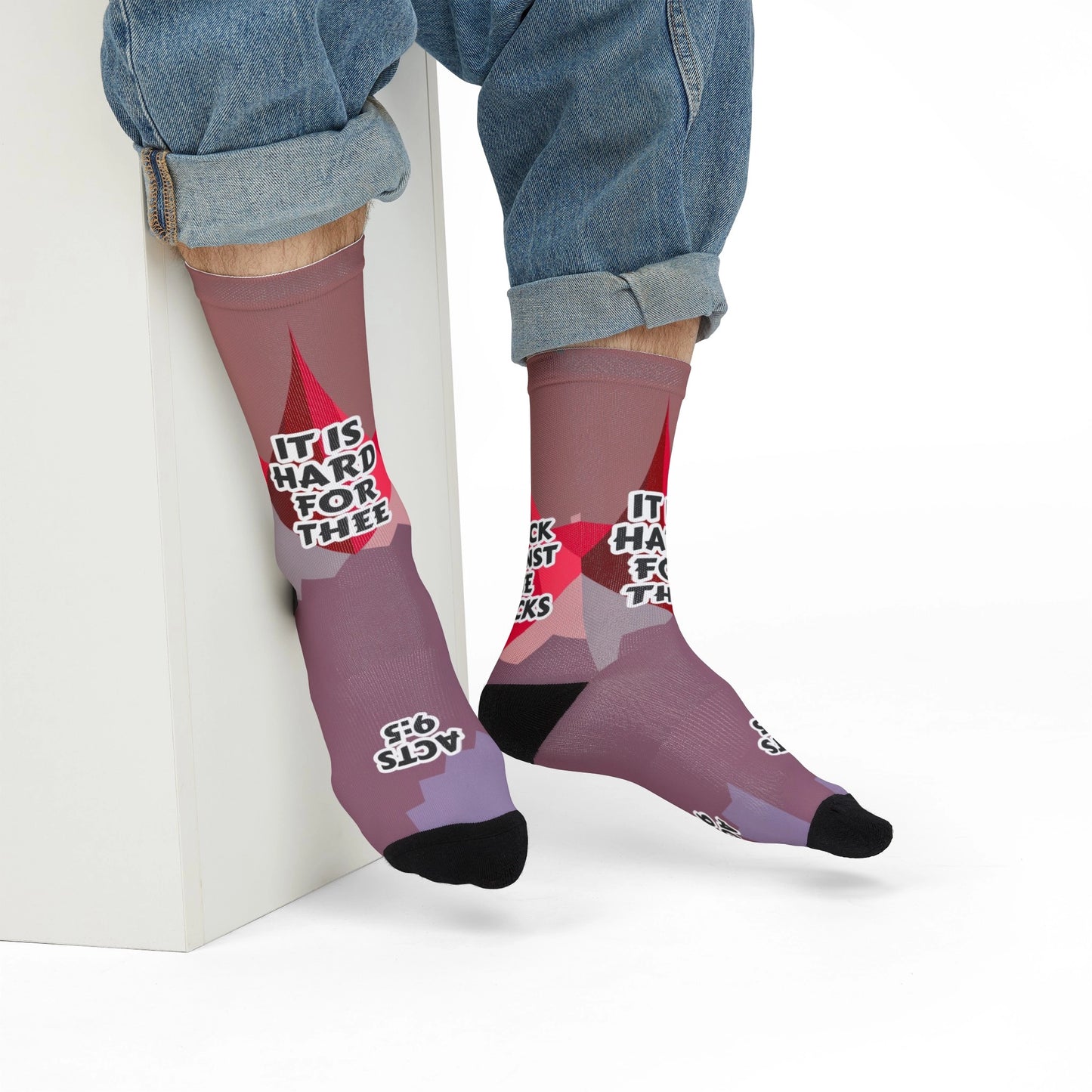 Man wearing Kick Against the Pricks bible verse socks