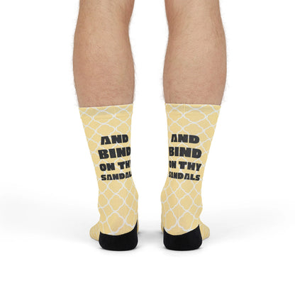 Man wearing Luke Gird Thyself Bible verse socks