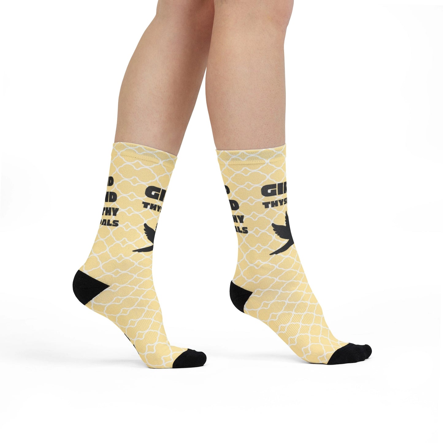 Woman wearing Luke Gird Thyself Bible verse socks