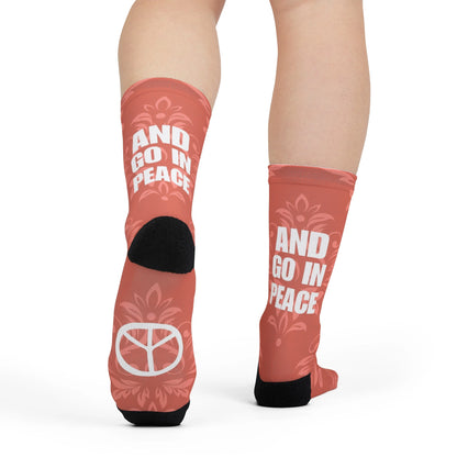 Woman wearing Go in Peace bible socks