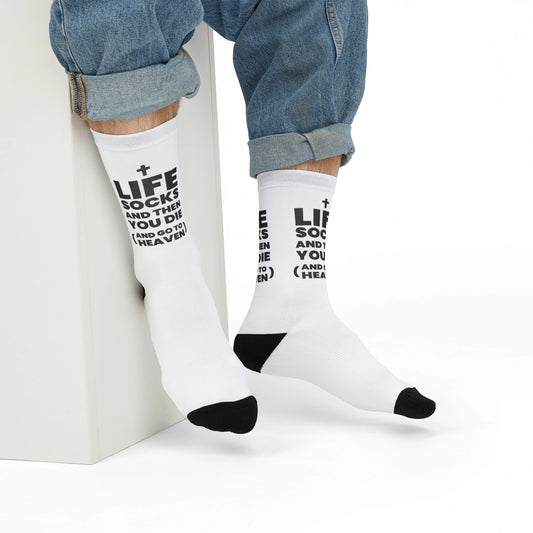 Man in Jeans wearing Funny Christian Bible Socks - Life Socks