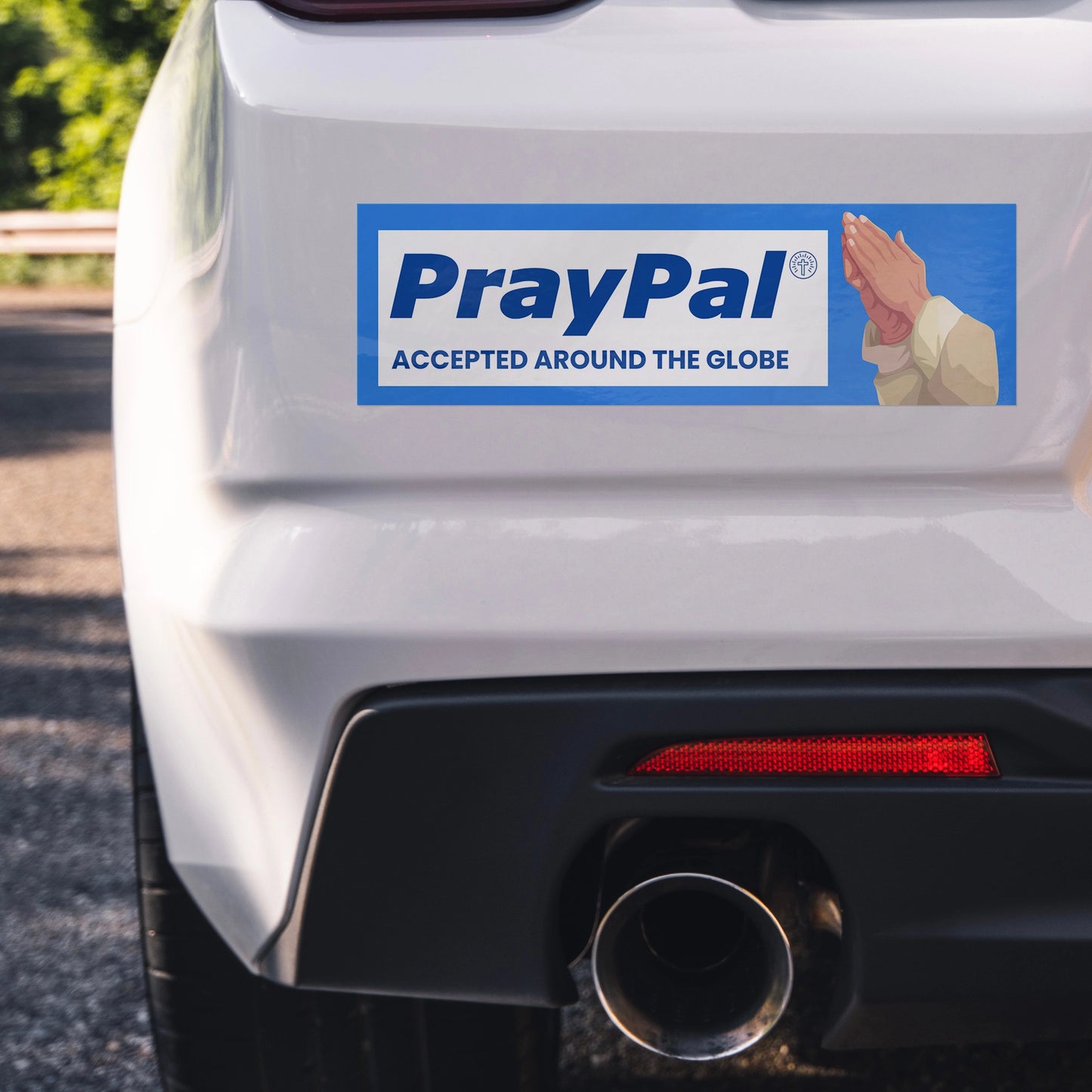 Funny Christian PrayPal bumper sticker on white car