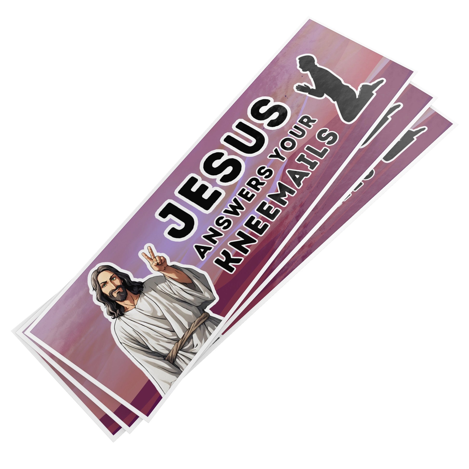 Stack of funny Jesus Answers Kneemails bumper stickers