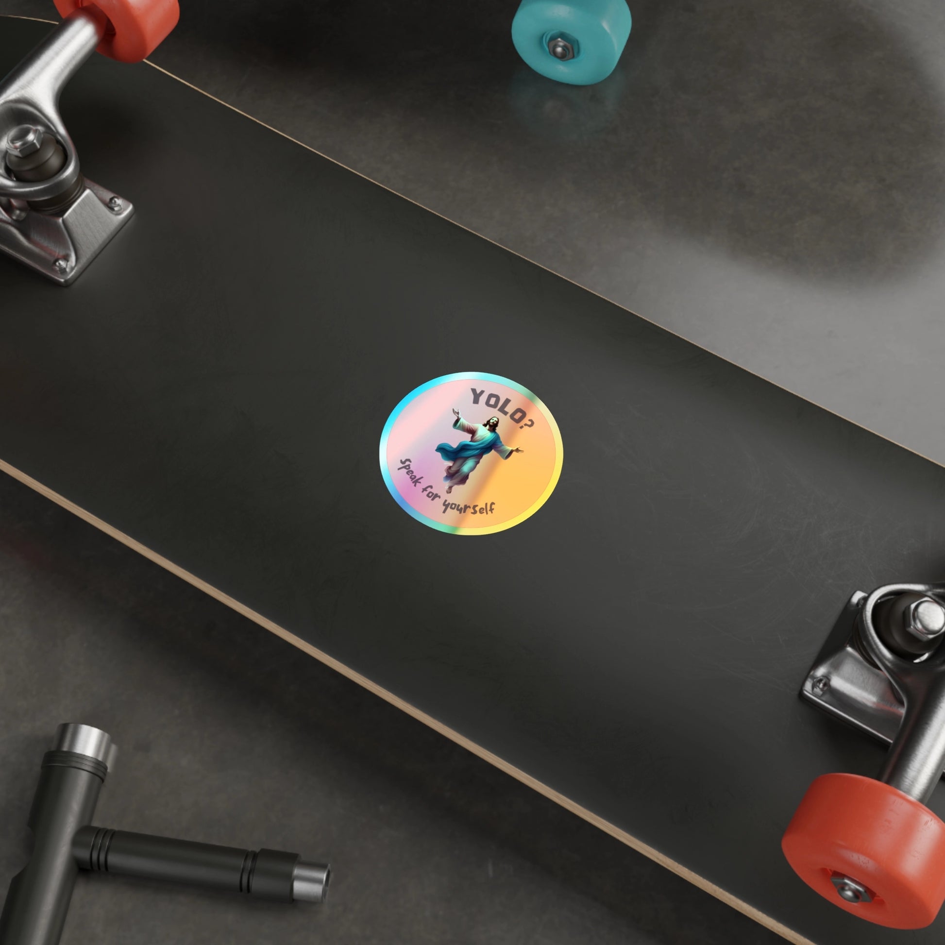 YOLO funny Jesus sticker on skateboard