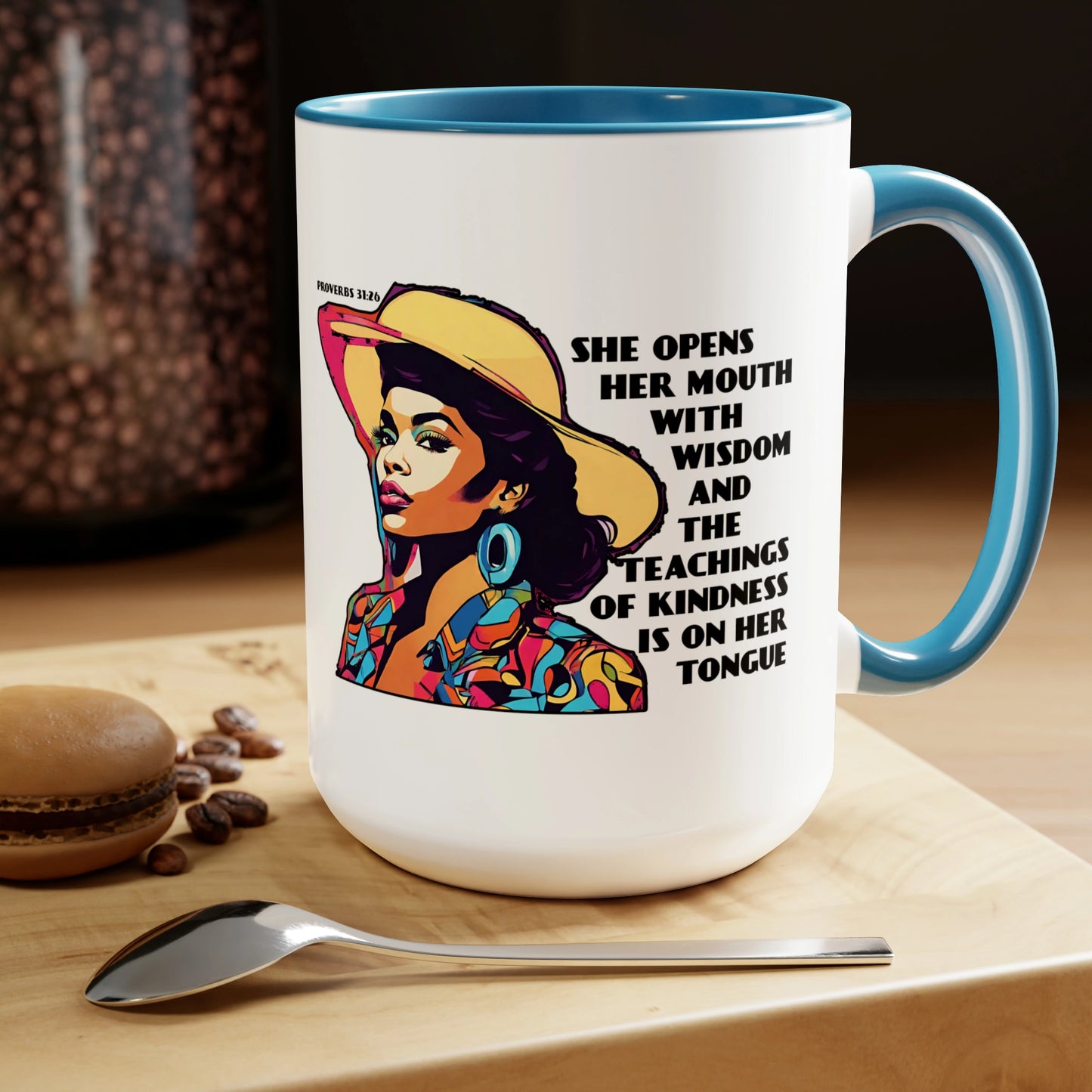 Light Blue Proverbs mug on table