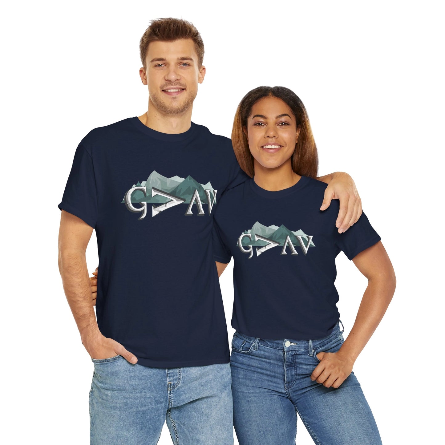 Couple weearing matching God is Greater Than Ups and Downs t-shirts