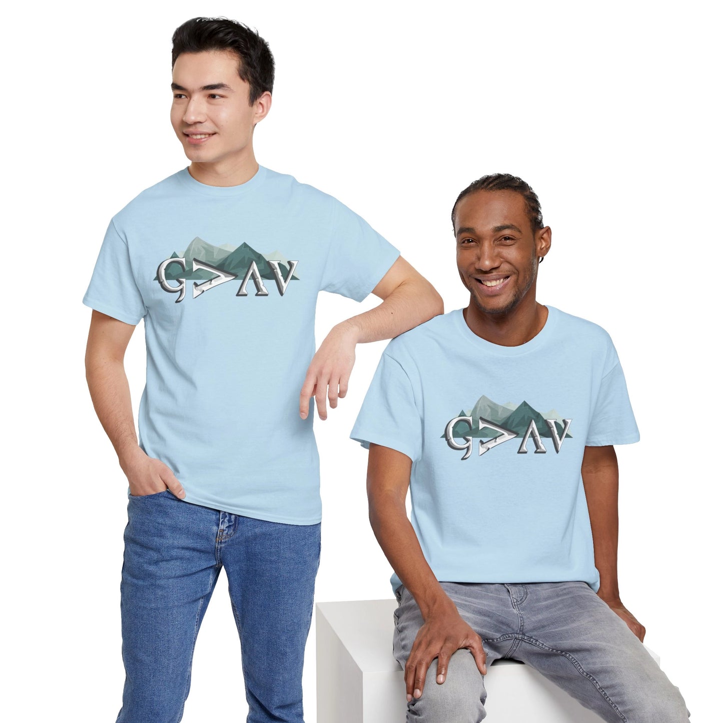 Men wearing God is Greater Than Ups and Downs t-shirts