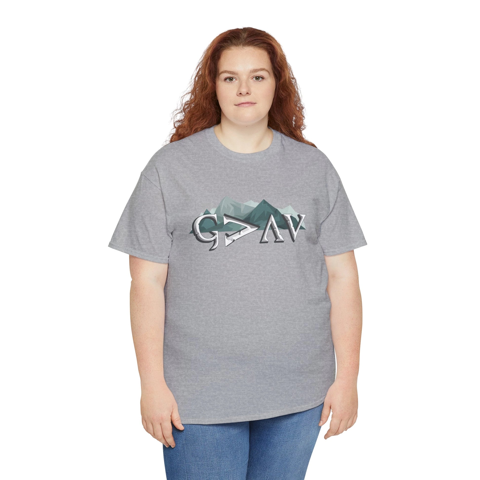 Woman wearing grey God is Greater Than Ups and Downs t-shirt