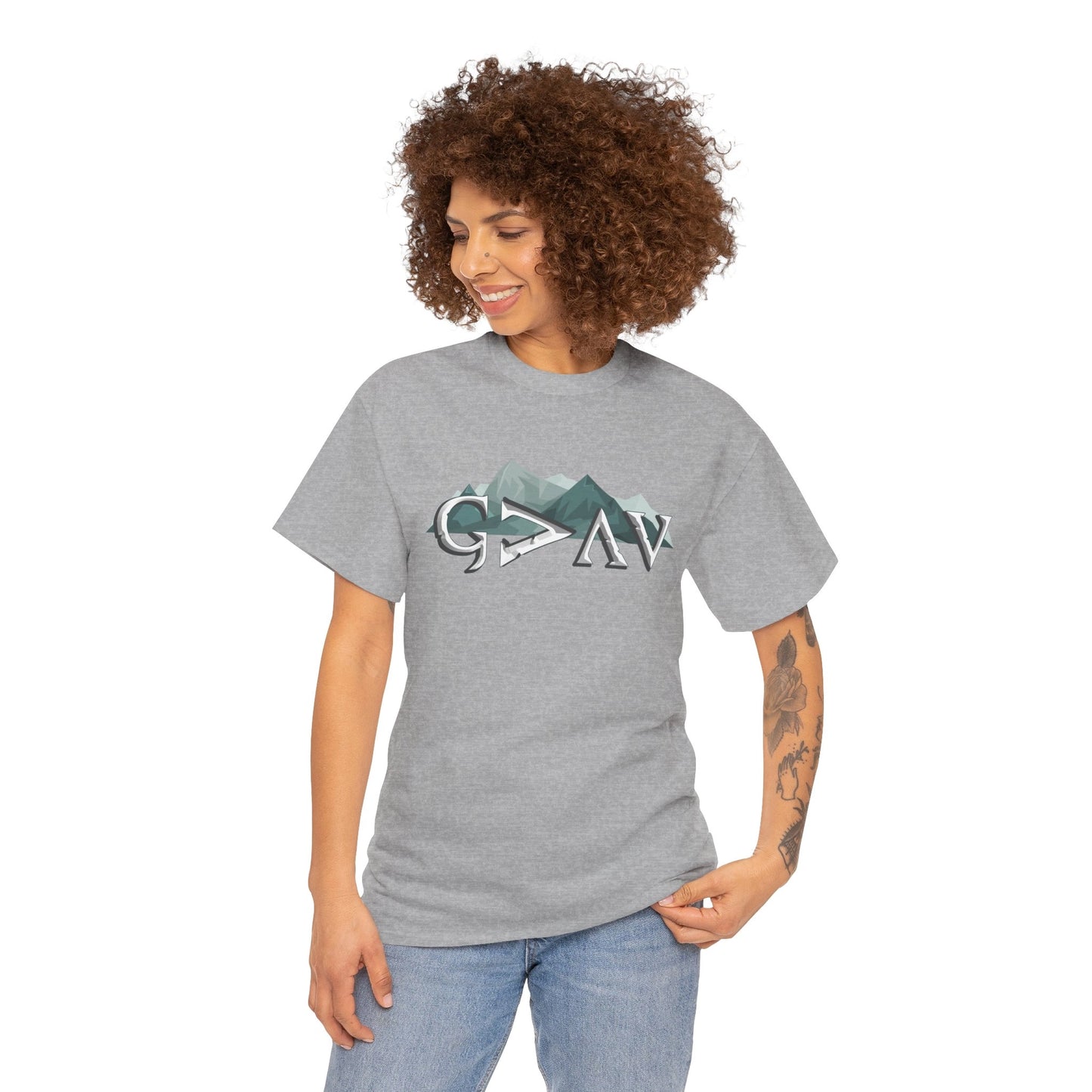 Woman wearing God is Greater Than Ups and Downs t-shirt