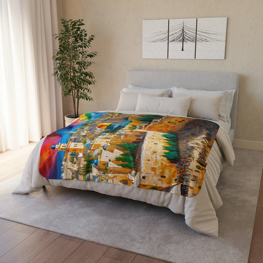 Jerusalem print on blanket on bed