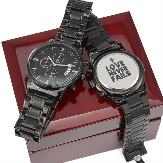 Love Never Fails verse of salvation men's watch on box